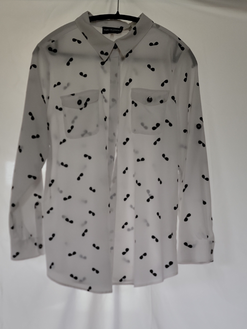 Karl Lagerfeld White Sheer Blouse with Black Sunglasses Motif